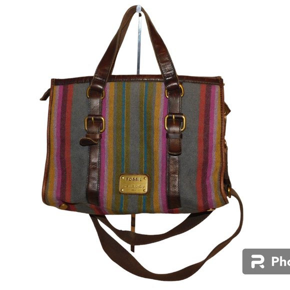 Fossil Striped Wool & Leather Crossbody Handbag Purse - Picture 1 of 13